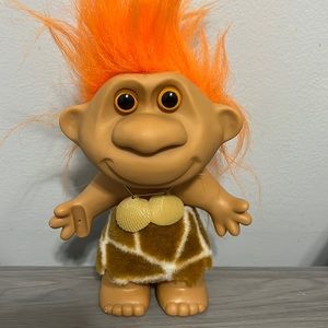 Large Vintage Cavewoman Troll with Giraffe Print Skirt and Seashell Bra, EUC
